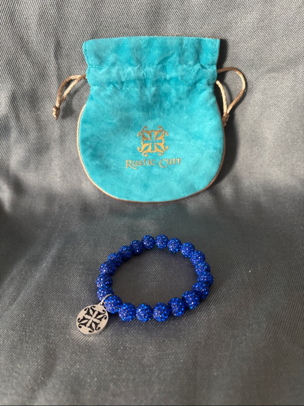 Rustic Cuff Royal Blue Crystal Bead Bracelet with Logo Charm